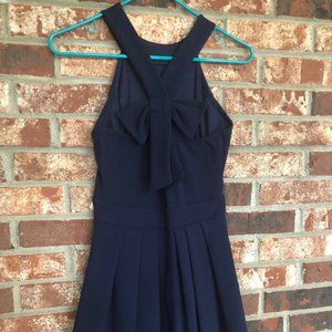 High Neck Navy Dress with Bow Back Detail